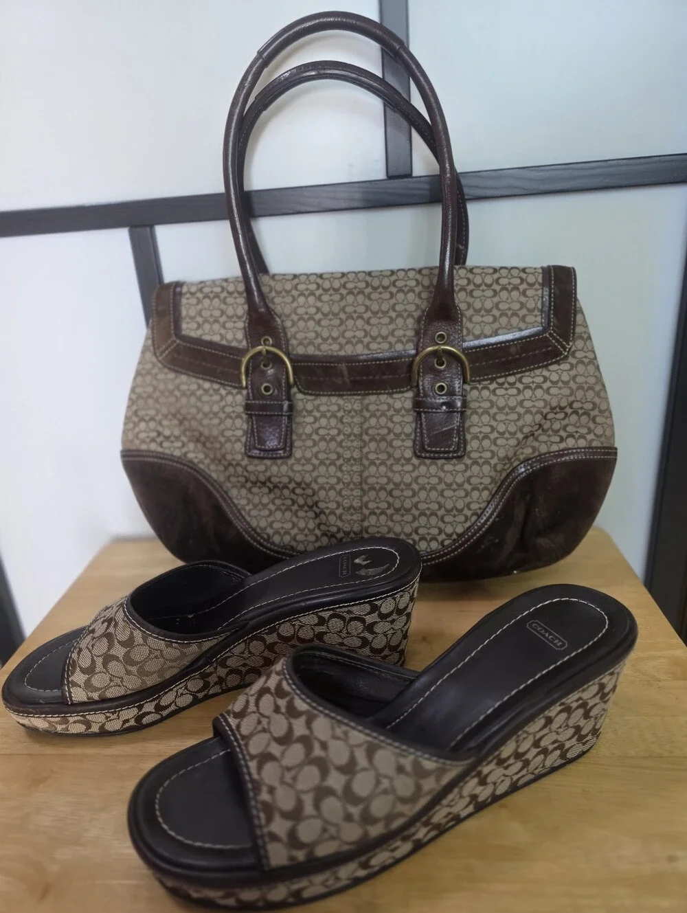 Coach Tote Bag & Matching Wedge Sandals Slides Shoes Brown Signature C Size 11
